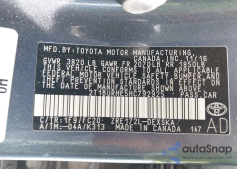 2017 Toyota Corolla Se from USA, damaged, VIN 2T1BURHE5HC792925